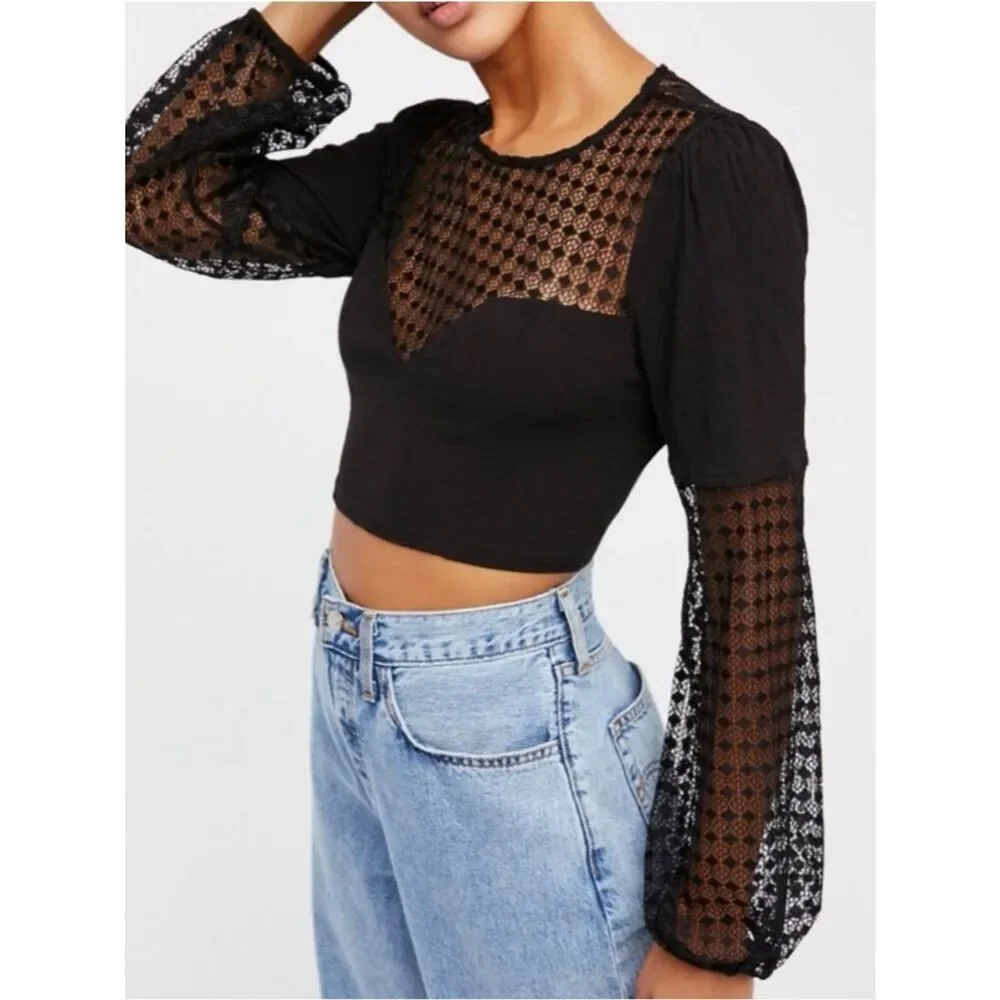 Free People Sweet Jane Black Lace Tie Back Long Sleeve Crop Top NWT Size XS
